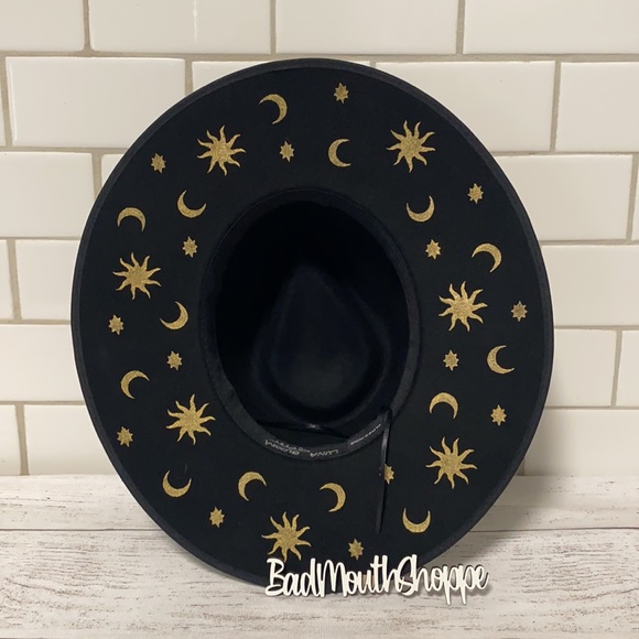 *Luna Bloom SAROS Black Gold Sun Moon 90s Vibes Hand Painted Wide Brim Hat - Picture 2 of 7